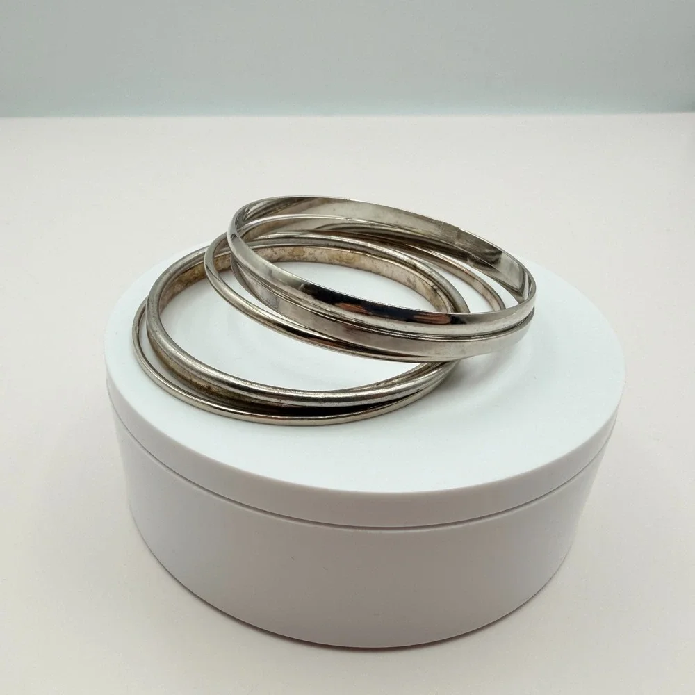 Vintage 90s Silver Tone Minimalist Bangles‎ Set Women's Classic Fashion Jewelry